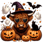 A fluffy Highland cow wears heart-shaped sunglasses and a witch's hat, surrounded by jack-o'-lanterns, ghosts, bats, black cats, and candy corn in a festive Halloween scene.