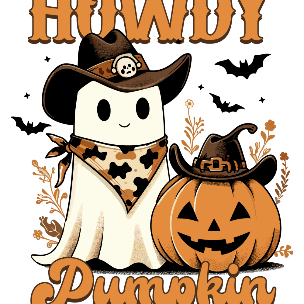 A cute cartoon ghost wearing a cowboy hat and bandana sits next to a Jack-o'-lantern, surrounded by bats and autumn leaves. The text reads "HOWDY Pumpkin" in stylized orange lettering.