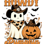 A cute cartoon ghost wearing a cowboy hat and bandana sits next to a Jack-o'-lantern, surrounded by bats and autumn leaves. The text reads "HOWDY Pumpkin" in stylized orange lettering.
