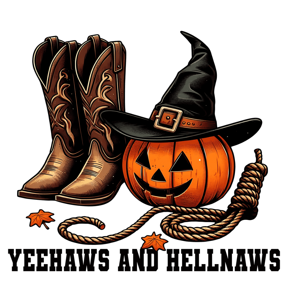 A carved pumpkin wearing a witch hat sits next to cowboy boots, with autumn leaves and a coiled rope. Text reads: "YEEHAWS AND HELLNAWS" in bold black letters.