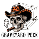A skull wearing a leopard-print cowboy hat, smoking a cigar, with a ghost and bats nearby on a spider web background. Text reads: "GRAVEYARD PEEK"