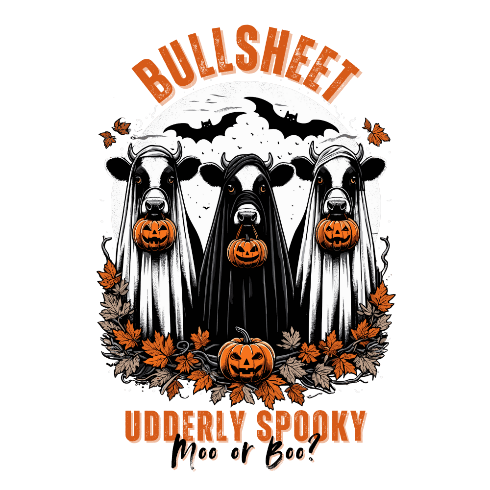 Three cows dressed as ghosts, holding carved pumpkins, surrounded by autumn leaves, with bats flying above. Text reads: "BULLSHEET - UDDERLY SPOOKY - Moo of Boo?"