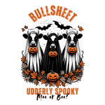 Three cows dressed as ghosts, holding carved pumpkins, surrounded by autumn leaves, with bats flying above. Text reads: "BULLSHEET - UDDERLY SPOOKY - Moo of Boo?"
