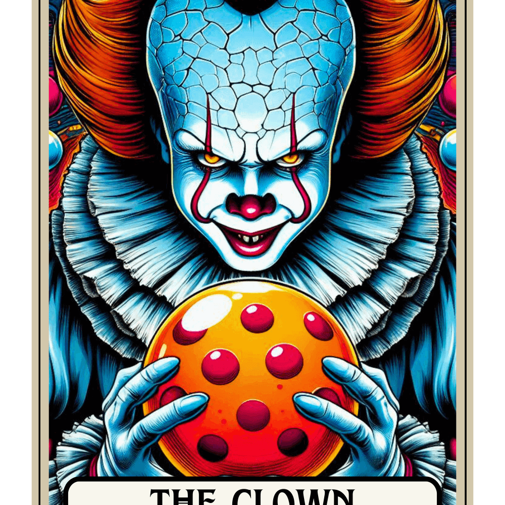 A creepy blue-skinned clown with cracked skin and orange hair holds a yellow-red polka-dotted ball. The clown wears a ruffled white collar and has a menacing grin. Text reads: "THE CLOWN"