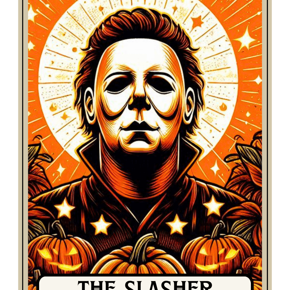A masked figure with an emotionless face stands amid glowing jack-o'-lanterns against a radiant orange background with stars. Text reads: "THE SLASHER" in a white banner at the bottom.