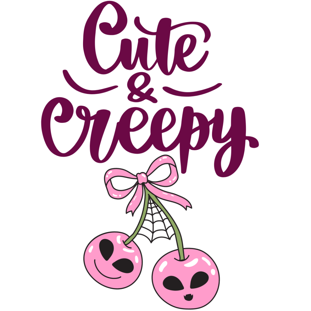 The text reads "Cute & Creepy" in a cursive purple font. Below it are two pink cherries with cute alien-like faces, connected by a stem with a pink bow and a spider web design.