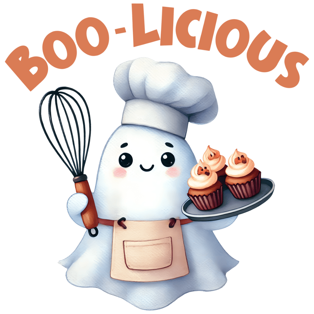 A cute ghost-like chef character wearing a white chef's hat and apron, holding a whisk and carrying a tray of Halloween-themed cupcakes. The text "BOO-LICIOUS" is written in orange above the character.