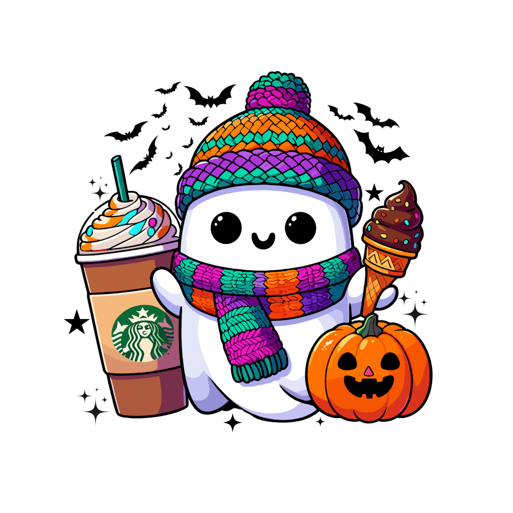 A cute cartoon ghost in a colorful knitted hat and scarf, holding a Starbucks drink and ice cream, sitting next to a jack-o'-lantern, with bats flying in the background.
