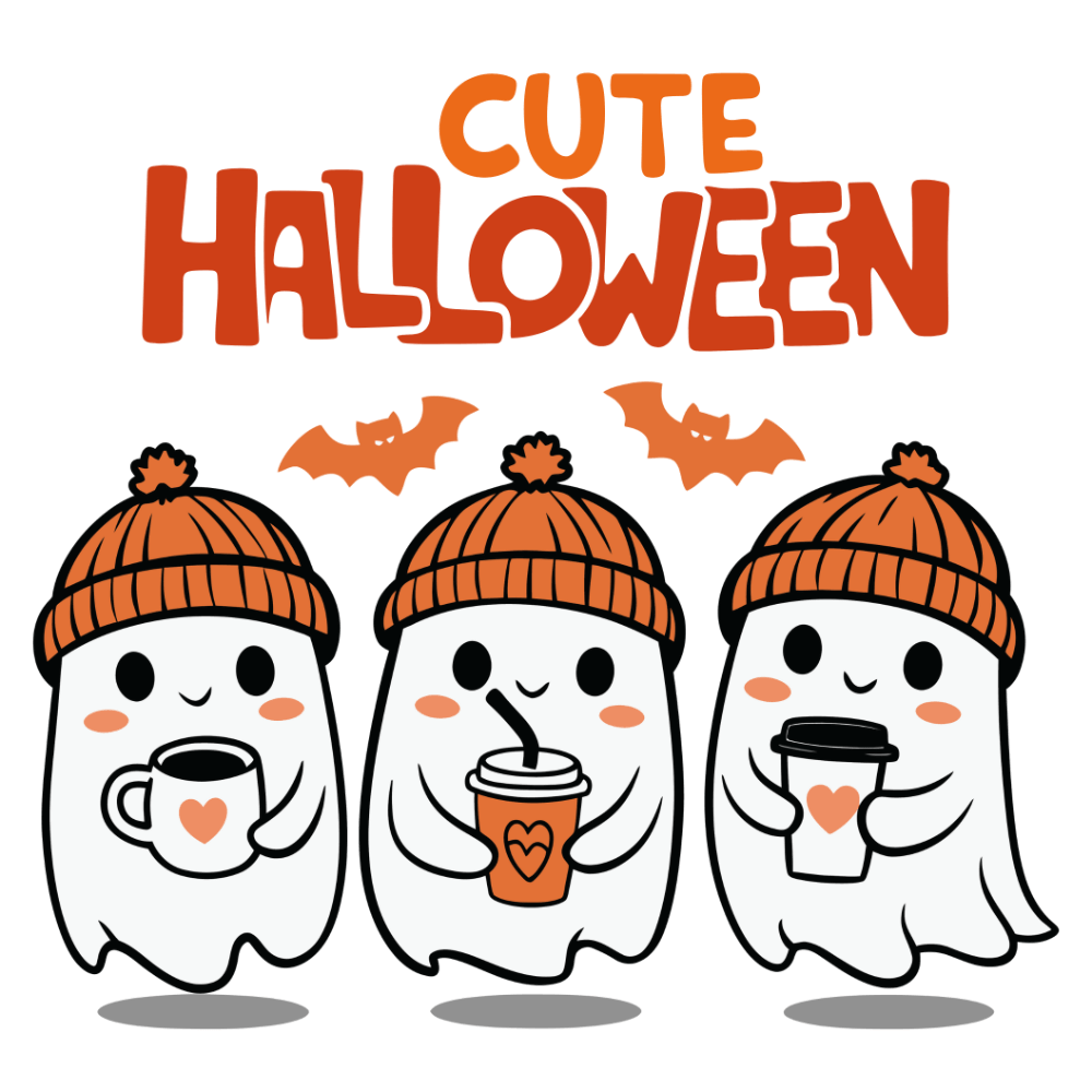 Three cute white ghosts wearing orange beanies, each holding a different coffee cup, with orange bats flying above and the text "CUTE HALLOWEEN" in orange and red letters at the top.