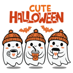Three cute white ghosts wearing orange beanies, each holding a different coffee cup, with orange bats flying above and the text "CUTE HALLOWEEN" in orange and red letters at the top.