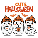 Three cute white ghosts wearing orange beanies, each holding a different coffee cup, with orange bats flying above and the text "CUTE HALLOWEEN" in orange and red letters at the top.