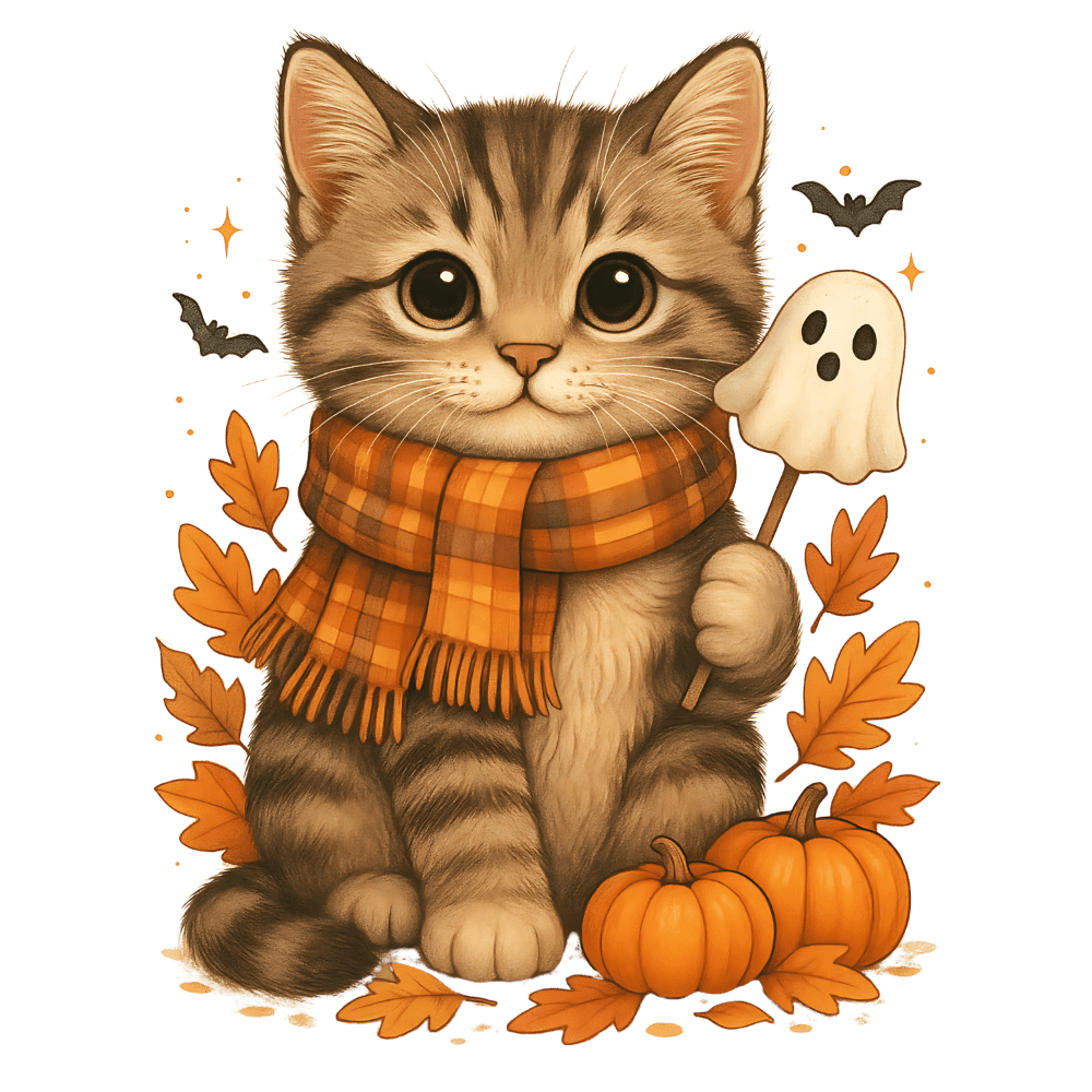 A cute tabby kitten sits wearing an orange plaid scarf, surrounded by autumn leaves and pumpkins, with bats and a ghost in the background, creating a festive Halloween-themed illustration.