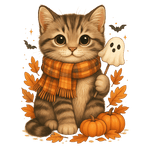 A cute tabby kitten sits wearing an orange plaid scarf, surrounded by autumn leaves and pumpkins, with bats and a ghost in the background, creating a festive Halloween-themed illustration.