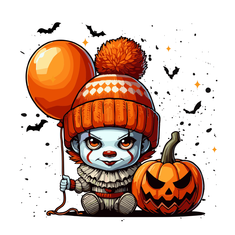 A cartoon clown with blue skin wears an orange knit hat, sitting beside a jack-o'-lantern and holding an orange balloon. Bats fly in the background, creating a Halloween-themed scene.