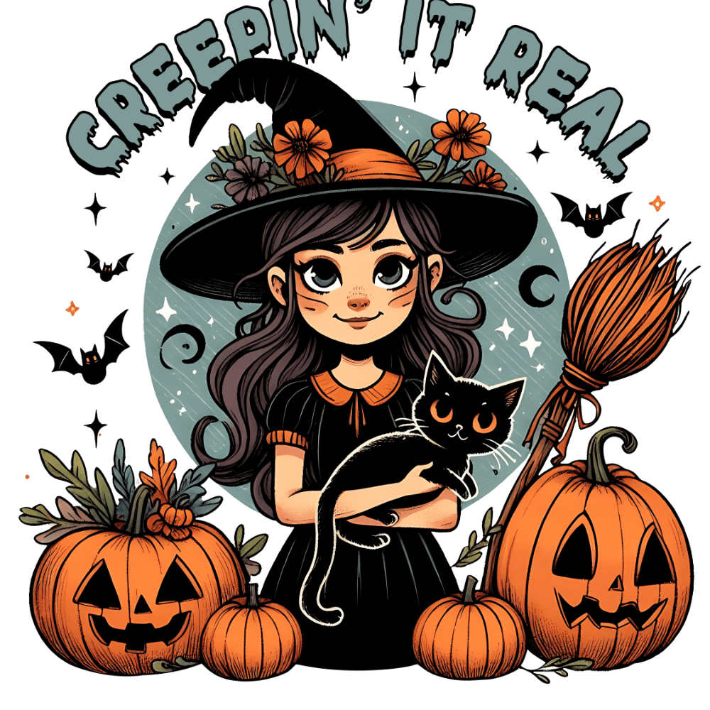A witch with a floral hat holds a black cat, surrounded by jack-o'-lanterns, bats, and a broomstick. The text reads "CREEPIN' IT REAL" in spooky, stylized letters.