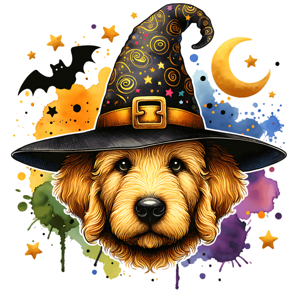 A golden-furred dog wearing a black, decorative witch's hat sits surrounded by colorful splashes, stars, a crescent moon, and a flying bat in a whimsical Halloween-themed illustration.