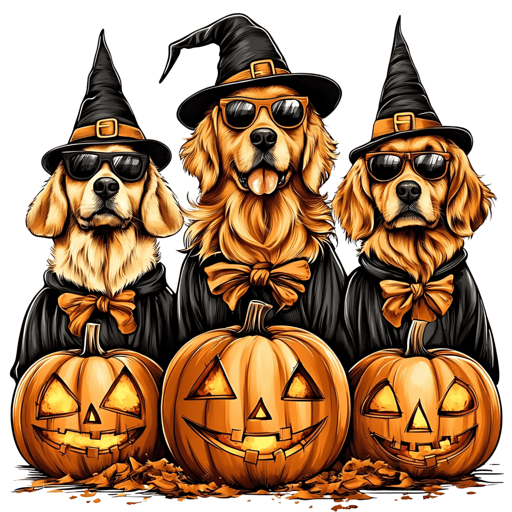 Three golden retrievers wearing black witch hats and sunglasses sit behind three carved jack-o'-lanterns. The dogs are dressed festively for Halloween, with orange bow ties against their black outfits.