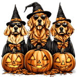 Three golden retrievers wearing black witch hats and sunglasses sit behind three carved jack-o'-lanterns. The dogs are dressed festively for Halloween, with orange bow ties against their black outfits.