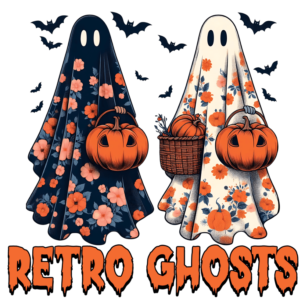 Two floral-patterned ghost figures, one dark and one light, hold pumpkins and are surrounded by bats. The text "RETRO GHOSTS" appears below in orange, dripping letters.
