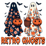 Two floral-patterned ghost figures, one dark and one light, hold pumpkins and are surrounded by bats. The text "RETRO GHOSTS" appears below in orange, dripping letters.