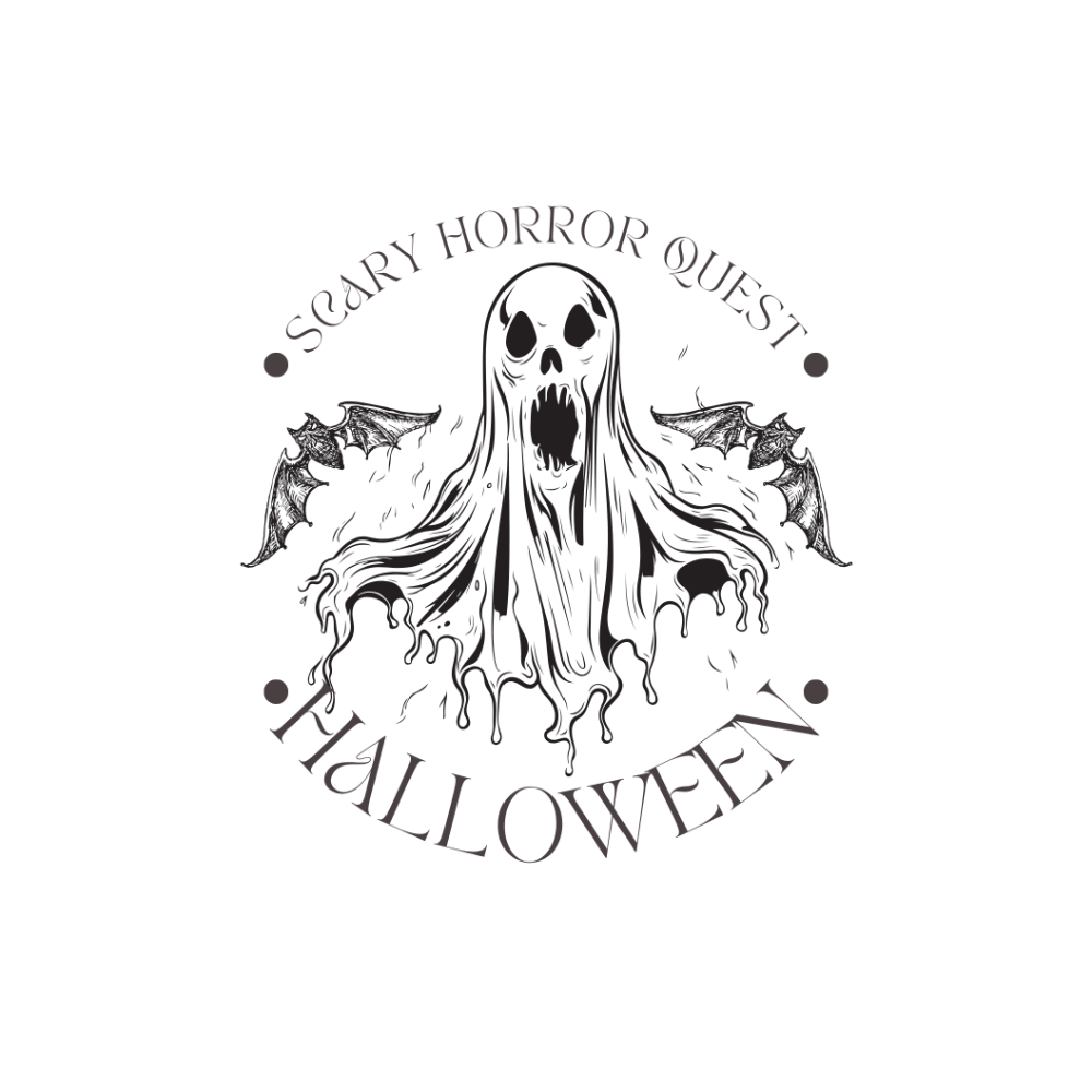 A ghostly, dripping figure with bat wings and a wide, jagged mouth stands at the center. Surrounding text reads "SCARY HORROR QUEST" at the top and "HALLOWEEN" at the bottom, creating a circular design.