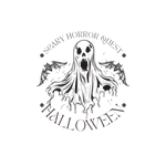 A ghostly, dripping figure with bat wings and a wide, jagged mouth stands at the center. Surrounding text reads "SCARY HORROR QUEST" at the top and "HALLOWEEN" at the bottom, creating a circular design.