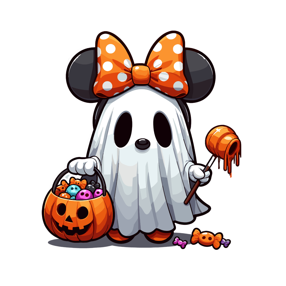 A cartoon ghost with Mickey Mouse ears and an orange polka-dot bow holds a dripping lollipop and a jack-o'-lantern bucket filled with colorful candies, capturing a Halloween-themed character.