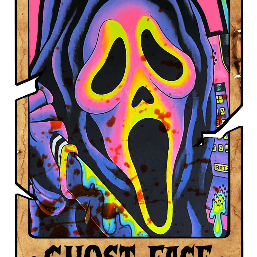 A vibrant, psychedelic rendering of the iconic Ghostface mask from the Scream movies, featuring neon yellow, pink, and blue colors with a distorted, melting effect on a textured background. The text "GHOST FACE" appears below the image.