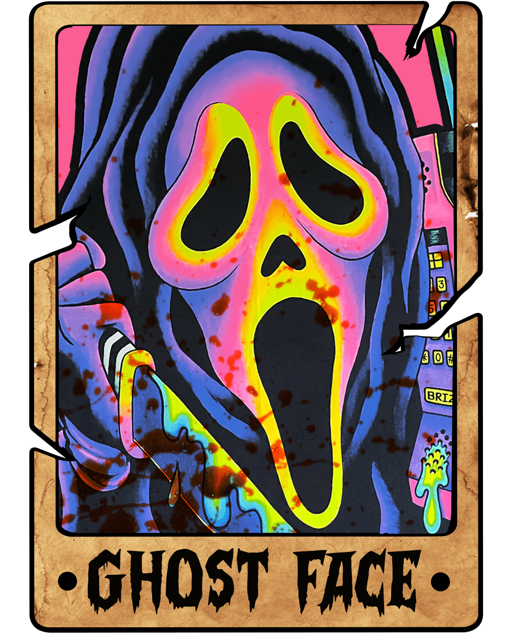A vibrant, psychedelic rendering of the iconic Ghostface mask from the Scream movies, featuring neon yellow, pink, and blue colors with a distorted, melting effect on a textured background. The text "GHOST FACE" appears below the image.