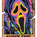 A vibrant, psychedelic rendering of the iconic Ghostface mask from the Scream movies, featuring neon yellow, pink, and blue colors with a distorted, melting effect on a textured background. The text "GHOST FACE" appears below the image.