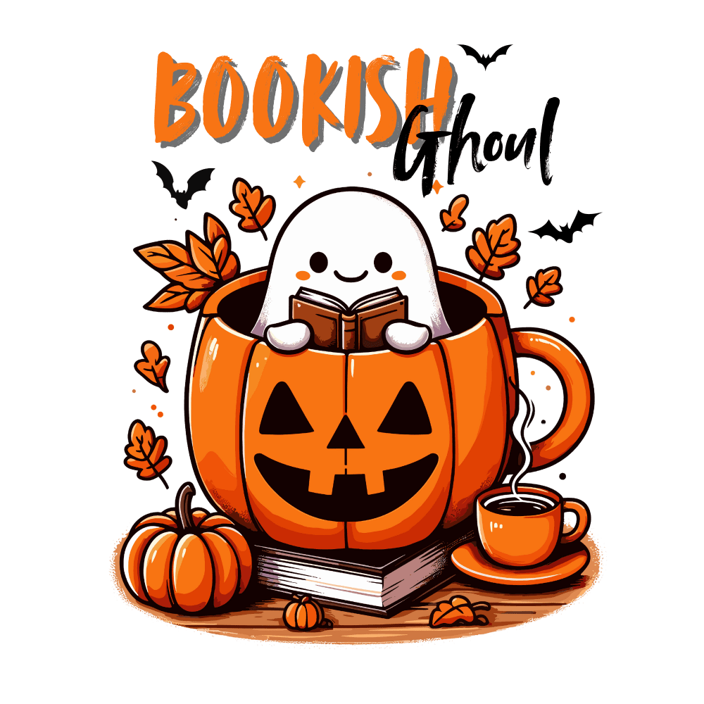 A cute ghost reading a book inside a jack-o'-lantern mug, surrounded by autumn leaves, bats, and a steaming coffee cup. Text reads: "BOOKISH Ghoul" in orange and black lettering.