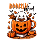 A cute ghost reading a book inside a jack-o'-lantern mug, surrounded by autumn leaves, bats, and a steaming coffee cup. Text reads: "BOOKISH Ghoul" in orange and black lettering.