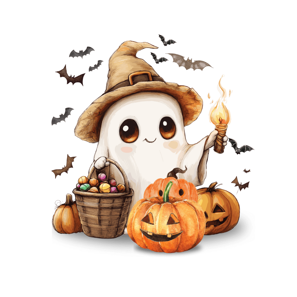 A cute cartoon ghost wearing a witch's hat, holding a candle, standing near jack-o'-lanterns and a basket of colorful candies, surrounded by flying bats.