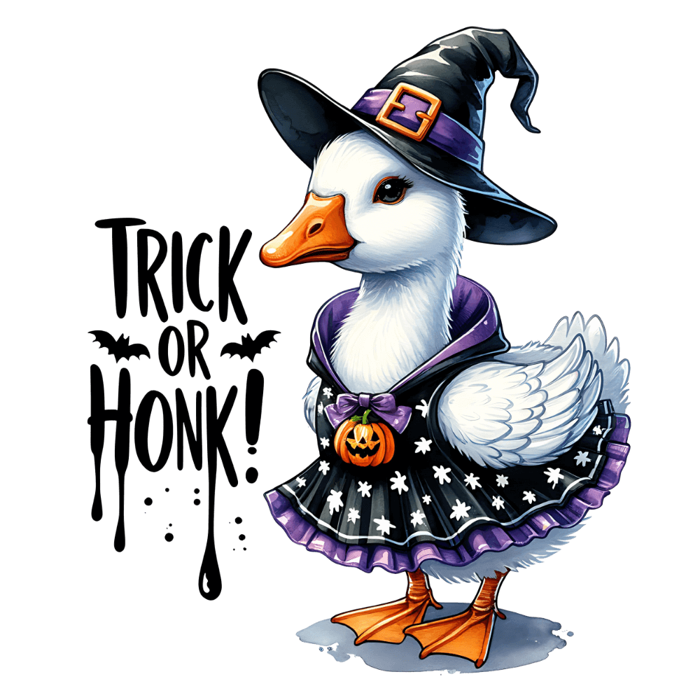 A white duck dressed in a witch costume for Halloween, wearing a black and purple hat and dress, holding a small pumpkin. The text reads: "TRICK OR HONK!" with bat silhouettes.