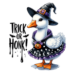 A white duck dressed in a witch costume for Halloween, wearing a black and purple hat and dress, holding a small pumpkin. The text reads: "TRICK OR HONK!" with bat silhouettes.