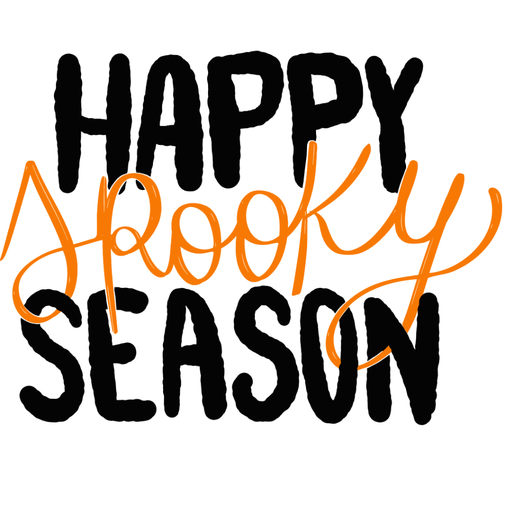 Text reads: "HAPPY Spooky SEASON" in bold black block letters for "HAPPY" and "SEASON", with "Spooky" written in a stylized orange cursive script overlapping the block letters.