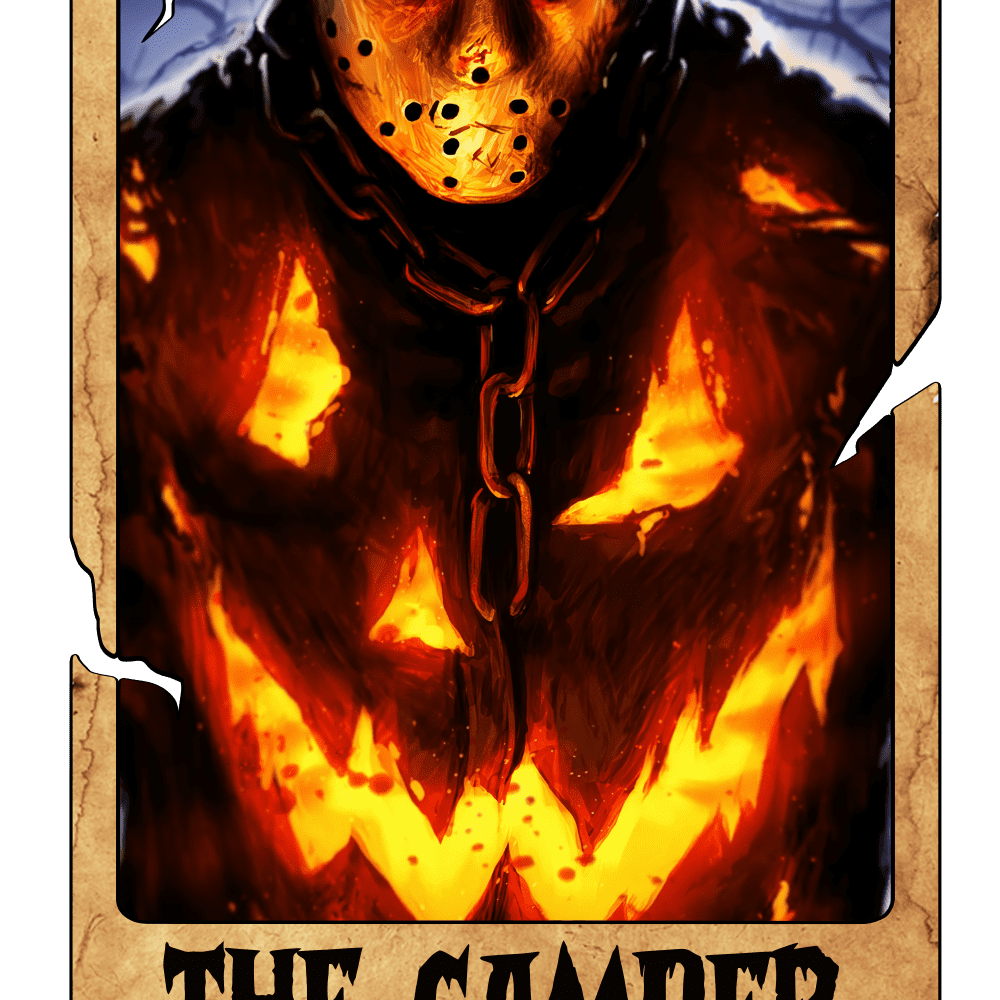 A masked figure with a hockey-style mask stands amid intense orange and yellow flames, wearing a chain. The image is styled like a vintage card with a torn, aged border. Text at the bottom reads: "THE CAMPER"