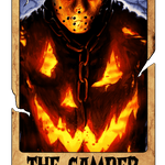 A masked figure with a hockey-style mask stands amid intense orange and yellow flames, wearing a chain. The image is styled like a vintage card with a torn, aged border. Text at the bottom reads: "THE CAMPER"