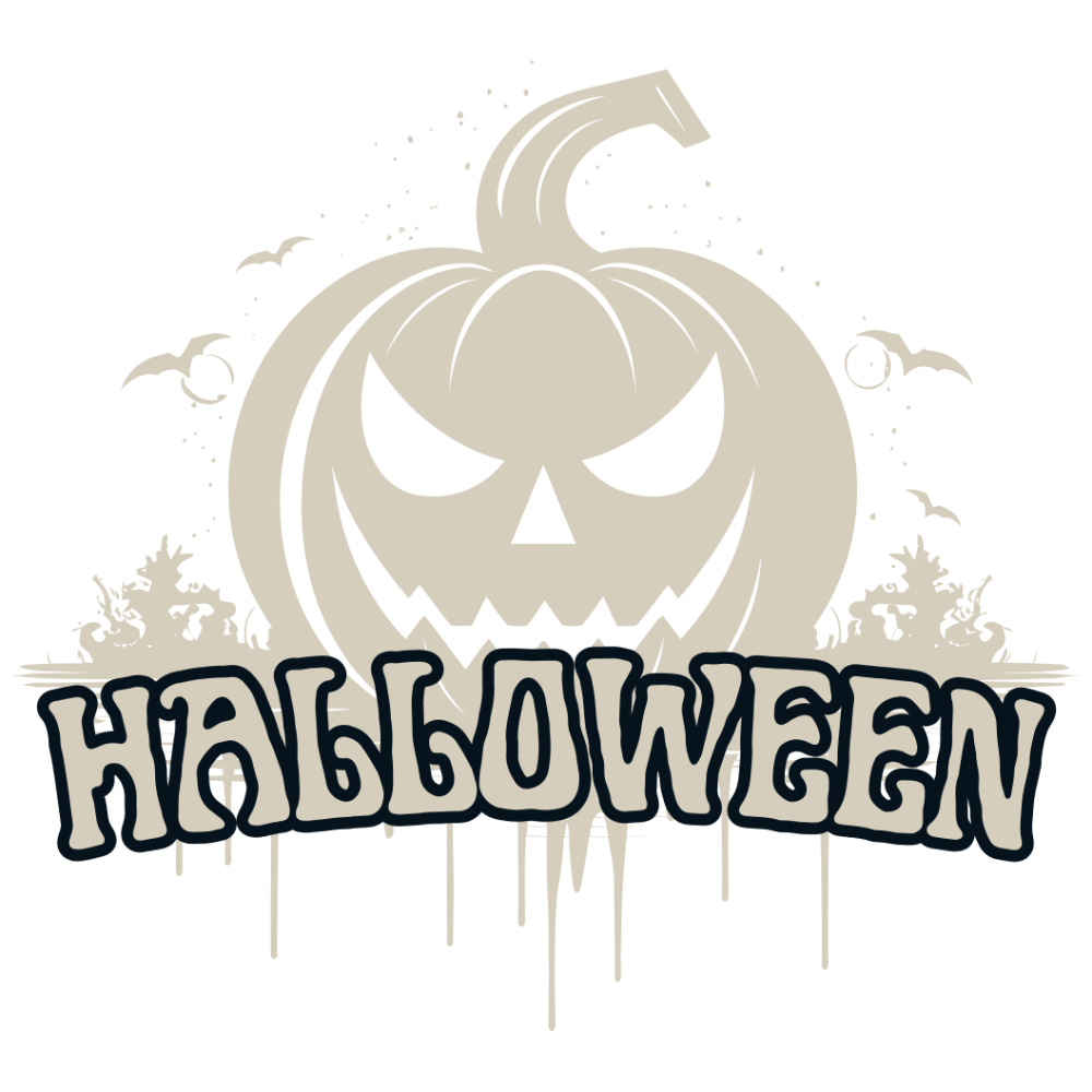 A menacing jack-o'-lantern with sharp eyes and a jagged mouth looms over the word "HALLOWEEN" against a pale background with small bats and trees.