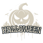 A menacing jack-o'-lantern with sharp eyes and a jagged mouth looms over the word "HALLOWEEN" against a pale background with small bats and trees.