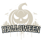 A menacing jack-o'-lantern with sharp eyes and a jagged mouth looms over the word "HALLOWEEN" against a pale background with small bats and trees.