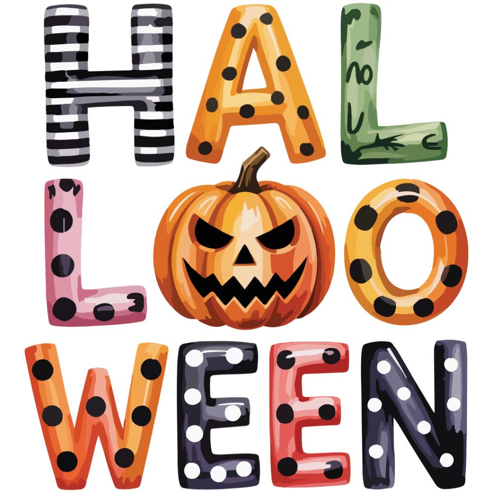 The text "HALLOWEEN" is spelled out in decorated letters, featuring a menacing jack-o'-lantern in the center, with each letter uniquely styled in Halloween-themed colors and patterns.