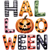The text "HALLOWEEN" is spelled out in decorated letters, featuring a menacing jack-o'-lantern in the center, with each letter uniquely styled in Halloween-themed colors and patterns.