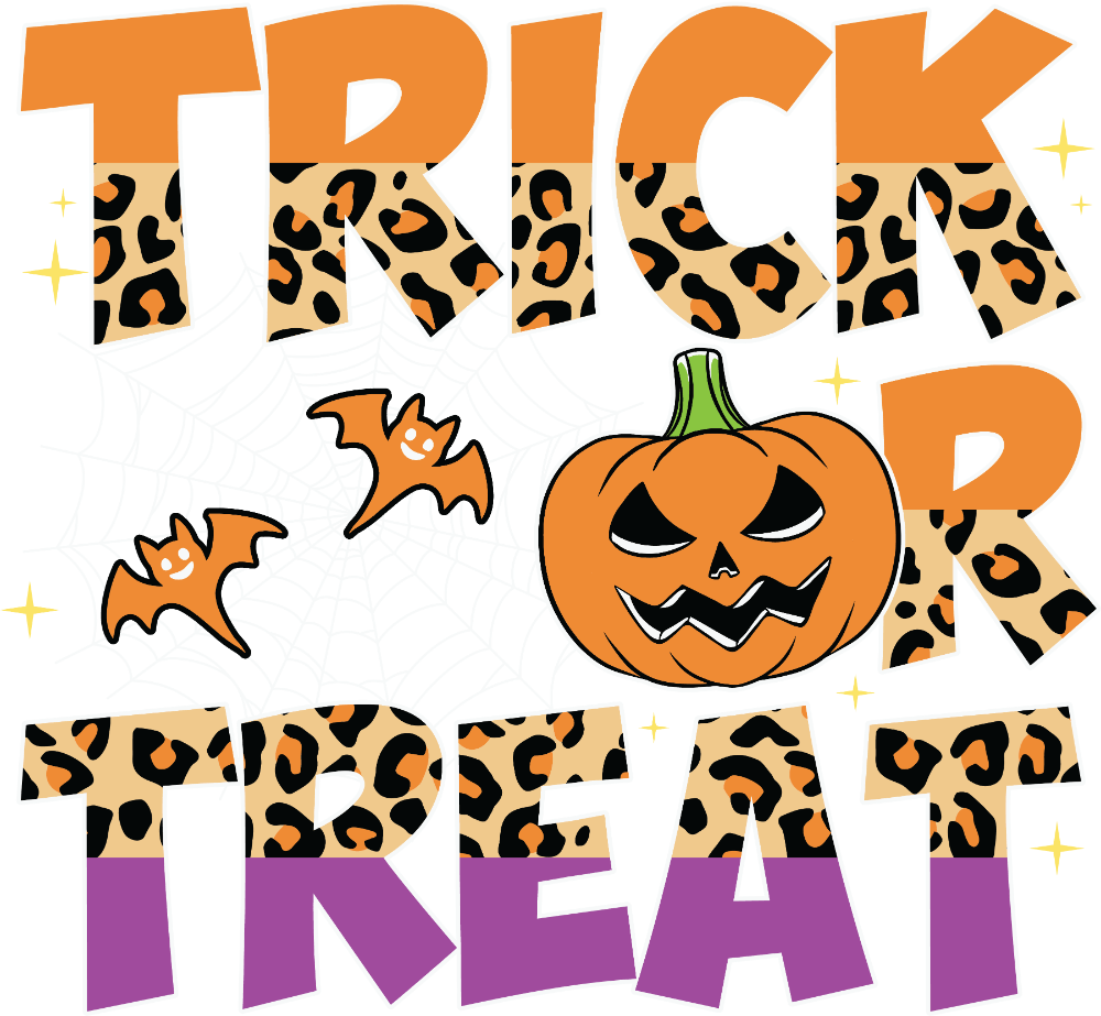 "Trick or Treat" text in leopard print orange and purple lettering, with orange bats and a jack-o'-lantern with a menacing grin, surrounded by sparkle stars, creating a Halloween-themed graphic design.
