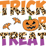 "Trick or Treat" text in leopard print orange and purple lettering, with orange bats and a jack-o'-lantern with a menacing grin, surrounded by sparkle stars, creating a Halloween-themed graphic design.
