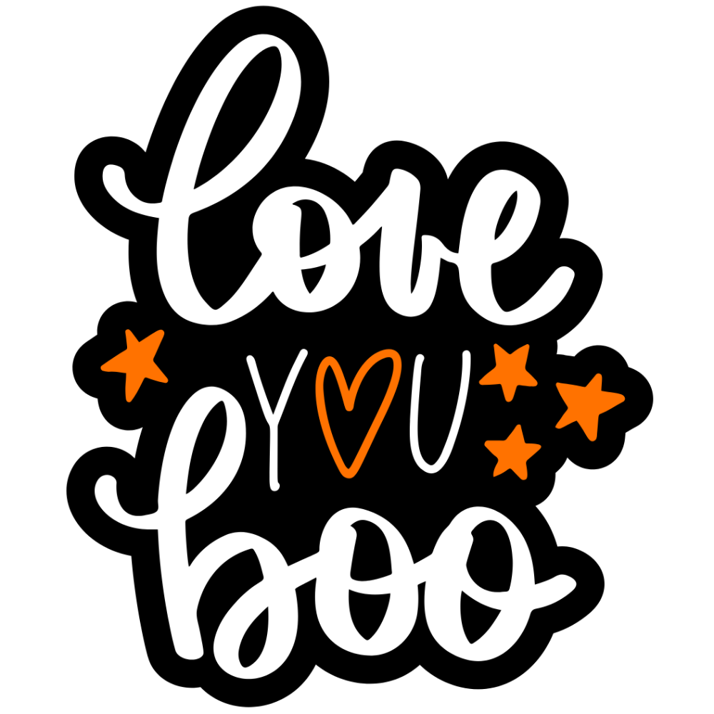 The text "Love You Boo" is written in a stylized, curvy white font with a black outline, accompanied by small orange stars, creating a playful and affectionate design.