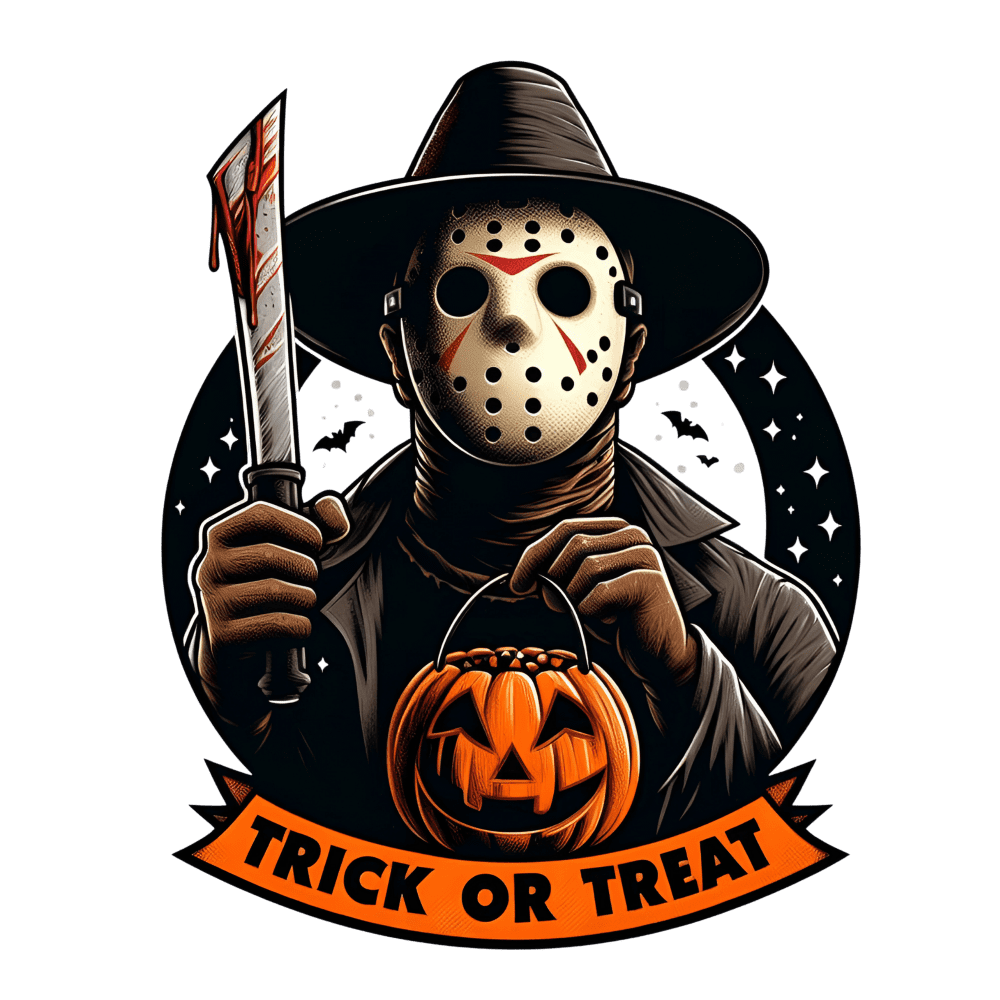 A masked figure in a black hat holds a bloody knife and a jack-o'-lantern bucket, with bats flying in a starry background. The text "TRICK OR TREAT" appears on an orange banner.