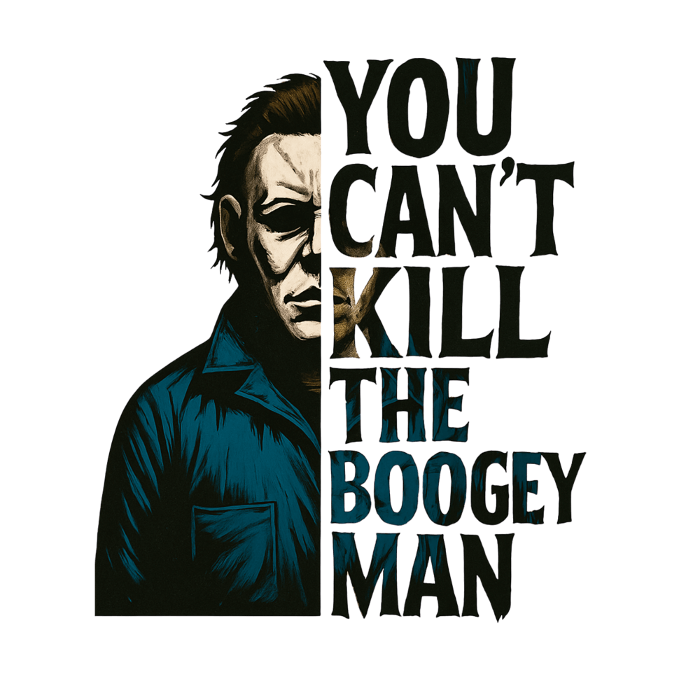 A stylized graphic of a figure in a blue jacket, half-shadowed, with text reading "YOU CAN'T KILL THE BOOGEY MAN" next to the character's profile.