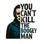 A stylized graphic of a figure in a blue jacket, half-shadowed, with text reading "YOU CAN'T KILL THE BOOGEY MAN" next to the character's profile.
