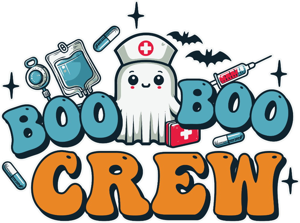 A cute ghost nurse surrounded by medical equipment like IV bags and syringes, with two bats and sparkle stars. The text reads "BOO BOO CREW" in blue and orange bubble letters.